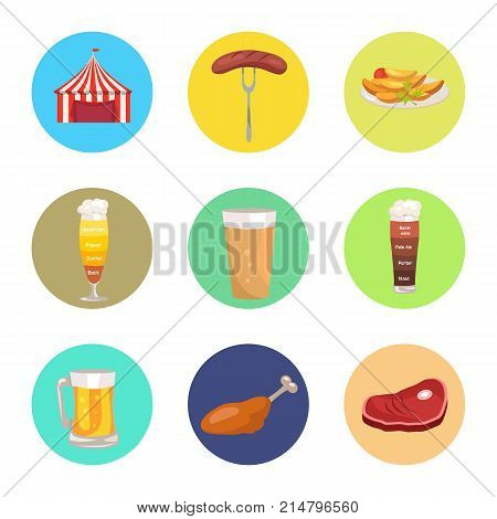 Nine images of octoberfest vector illustration including red marketing tent, sausage on folk, beer glasses and food represented by meat and snacks