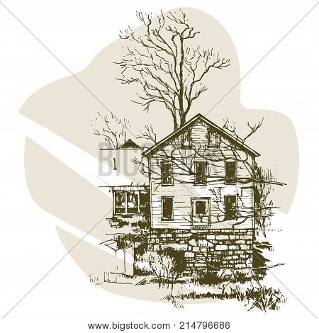 Sketch American house in a village with a trees. Vector illustration