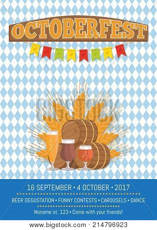Octoberfest or Oktoberfest promotional poster with checkered backdrop. Beer degustation vector illustration on background of ears of wheat