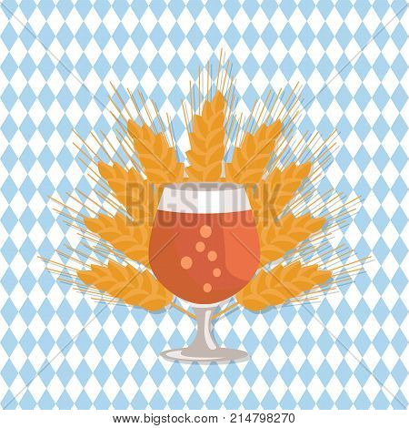 Snifter glass of beer vector illustration on checkered backdrop with ears of wheat on background. Dark alcohol beverage, symbol of Oktoberfest