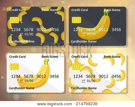 Original banana fruit credit card design on colorful bokeh background. Best design for bank credit card or gift card.
