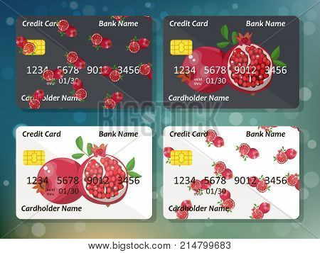 Original pomegranate credit card design on colorful bokeh background. Best design for bank credit card or gift card