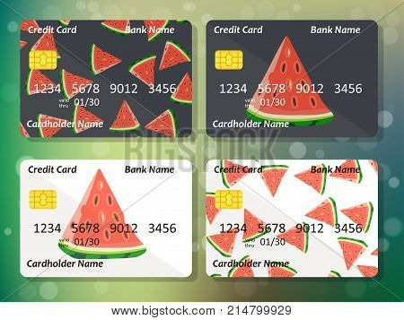 Sweet juicy whole watermelon on frontal side of credit card. Bank credit card design. Best choice for credit or gift card design