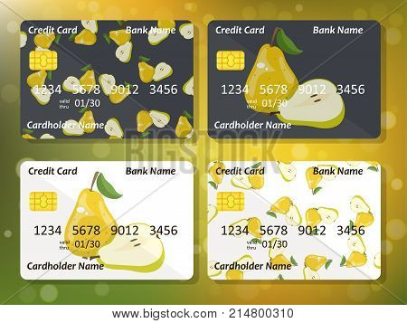 Credit card design. Pear on credit card. Bank collection. Frontal side for credit or gift card