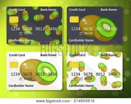 Bank credit card design with sweet kiwi. Original credit or debit card design with kiwi. Great idea for credit or gift card design