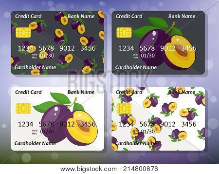 Design for credit card with plum. Bank or business collection. plum on frontal side of credit or gift card