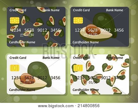 Sweet juicy whole avocado on frontal side of credit card. Bank credit card design. Best choice for credit or gift card design