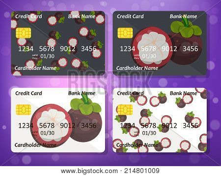 Bank credit card design with sweet mangosteen. Original credit or debit card design with mangosteen. Great idea for credit or gift card design