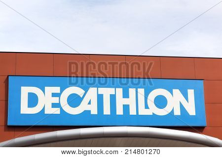 Bourgoin, France - June 26, 2017: Decathlon sign on a wall.Decathlon is a french company and one of the world's largest sporting goods retailers