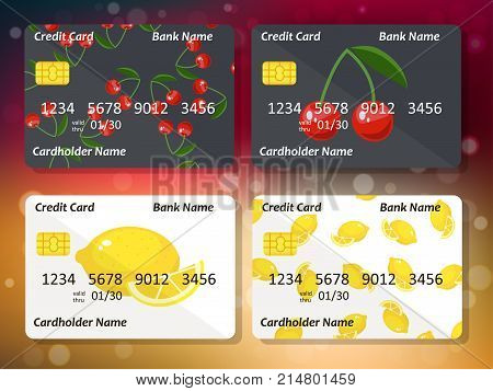 Bank credit card design with sweet cherry and lemon. Original credit or debit card design with cherry and lemon. Great idea for credit or gift card design
