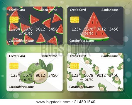 Sweet juicy whole watermelon and feijoa on frontal side of credit card. Bank credit card design. Best choice for credit or gift card design