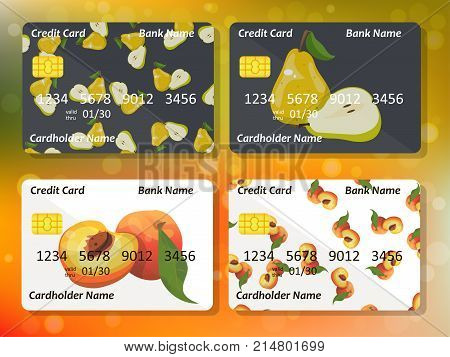 Credit card design. Pear and peach on credit card. Bank collection. Frontal side for credit or gift card
