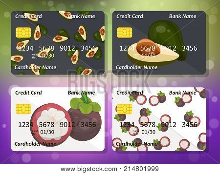 Sweet juicy whole avocado and mangosteen on frontal side of credit card. Bank credit card design. Best choice for credit or gift card design