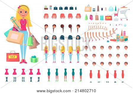 Cheerful blonde woman on shopping spree isolated vector illustration. Collection of icons depicting various clothes, hairstyles and other items