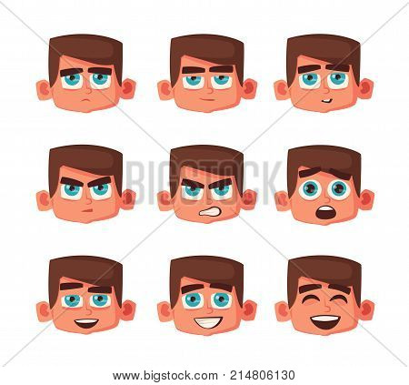 Set of boy facial emotions. Cartoon vector illustration. Funny face with different expressions. Schoolboy portrait avatars. Variety of emotions teen. Emoji character