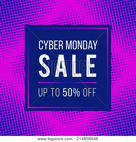 Cyber Monday Sale concept banner. Vector graphic design template in trendy colors, bright pink and navy blue. Fashionable neon style illustration. Stylish background with halftone transition effect. Cyber Monday offer. Cyber Monday illustration.