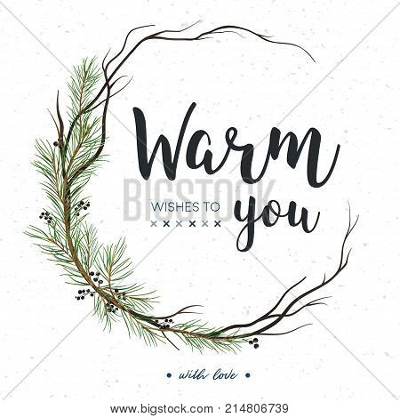Vector greeting card invite: Pine tree greenery brown branches Green spruce needles & black berry round wreath garland border frame. Cute watercolor illustration. Merry Christmas copy space design