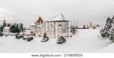 Varazdin Castle and Old Town in winter time, one of the most important tourist centers of northern Croatia.
