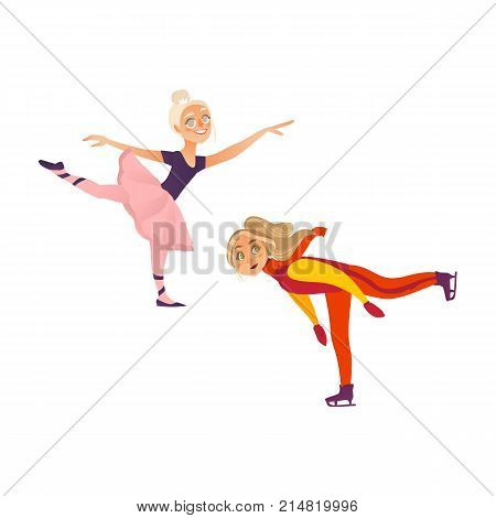 Two teenage girls, figure skater on ice and ballet dancer in tutu skirt, flat cartoon vector illustration isolated on white background. One teen, teenage girl figure skating, another dancing ballet