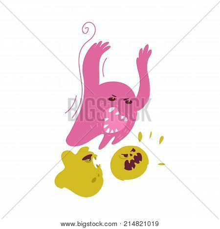 Group of ugly, evil microbe, virus, germ, bacteria characters, cartoon vector illustration isolated on white background. Scary, ugly evil microbe, bacteria, virus monsters with faces and sharp teeth