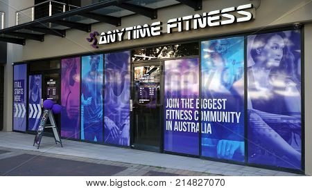 Sydney Australia - November 13 2017: Anytime Fitness Edgecliff entrance exterior. Anytime Fitness is a biggest gymnasiums chain in Australia that offers 24 hour access to its members.