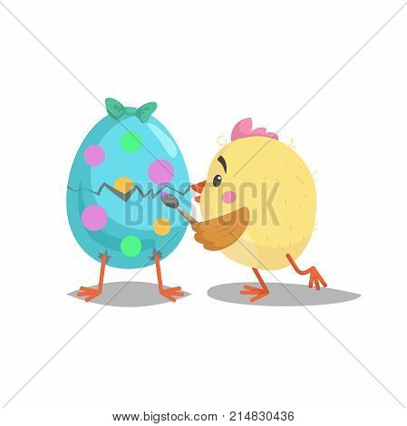 Cartoon cute chic paint with brush easter egg. Hatching e egg with green bow. Easter symbol. Vector flat designed illustration.