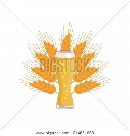 Weizen glass of beer on background of ears of wheat vector illustration. Glassware of light alcohol drink with bubbles, symbol of Oktoberfest festival