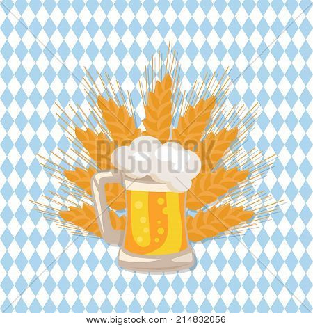 Traditional glass of beer vector illustration on checkered backdrop with ears of wheat. Light alchoholic beverage in transparent mug with handle