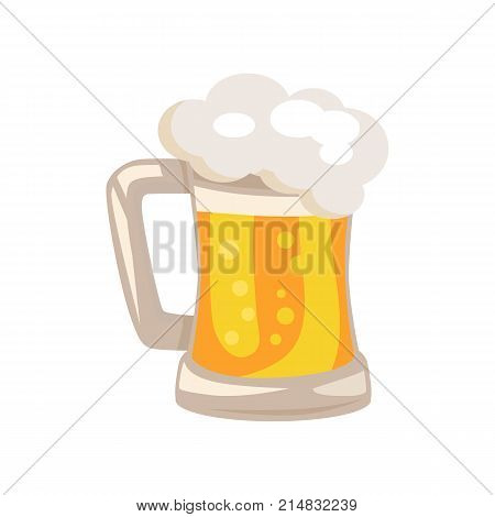 Traditional glass of beer with white foam and bubbles vector isoated illustration. Light alchoholic beverage in transparent mug with handle