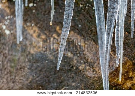 Frozen water in winter time at nature lakes in Croatia.