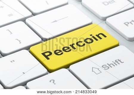 Cryptocurrency concept: computer keyboard with word Peercoin, selected focus on enter button background, 3D rendering