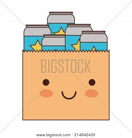 kawaii paper bag with canned beers in colorful silhouette vector illustration