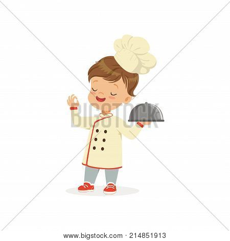 Cartoon character of boy in chef uniform and hat isolated on white. Kid dream of becoming chef cooker and open own restaurant. Child playing adult. Flat vector illustration for school promo poster.