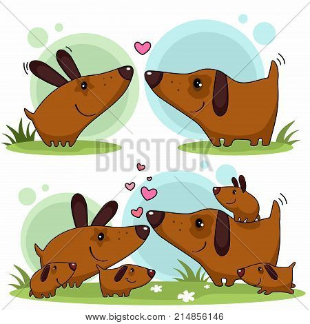 A cartoon illustration of love for the family of dogs. Image of a walk of a cute family of dogs mother and father and their children.