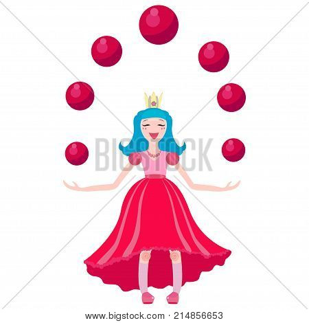Vector princess in a crown and pink dress plays with balls
