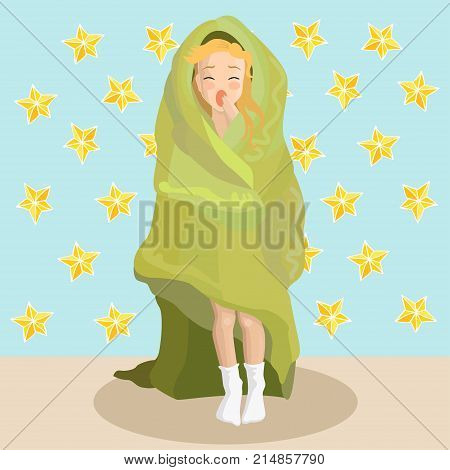Vector sleepy girl standing in green blanket and yawning