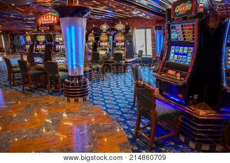 AMSTERDAM - SEP 2 2014: Casino in the Costa Fortuna cruise ship. The ship is part of a fleet of 17 ships owned by Costa Cruises.