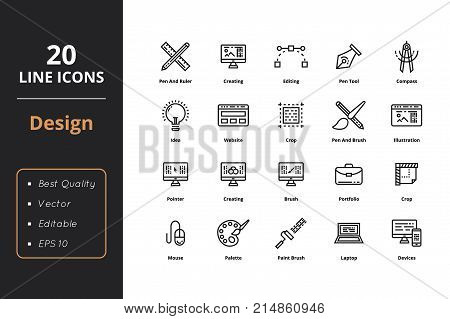 20 Ultra high quality thin line icons about design. For user interfaces and web