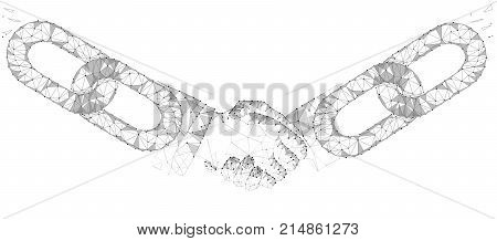 Blockchain technology agreement handshake business concept low poly. Polygonal point line geometric design. Hands chain link internet hyperlink connection gray white vector illustration art