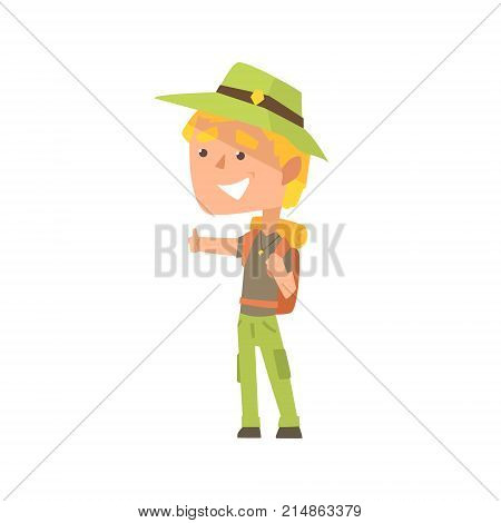 Cartoon male traveler hitchhiker with hat and backpack, man trying to stop a car on a highway by hand, travelling by autostop vector Illustration on a white background