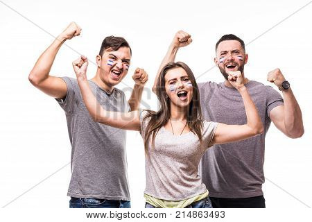 Group Of Football Fans Support Argentina National Team On White Background. Football Fans Concept.