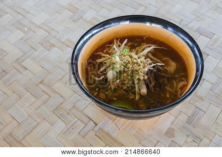 Traditional Thai Food Rice Noodle With Spicy Pork Sauce And Tomato. Thai Name Is Kanom Jeen Nam Ngea
