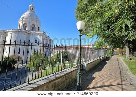 The external facade of the National Pantheon (Santa Engracia Church) in Alfama neighborhood viewed from the Jardim Botto Machado Park, Lisbon, Portugal