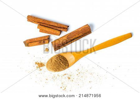 Cinnamon Powder And Sticks Isolated