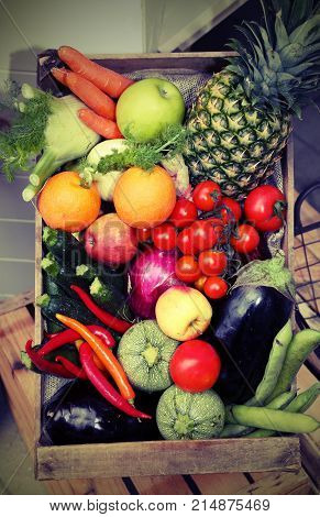 Fresh Fruits And Vegetables With Vintage Effect