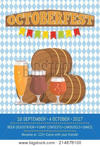 Octoberfest or Oktoberfest promotional poster with checkered backdrop. Beer degustation vector illustration on background of decorative flags