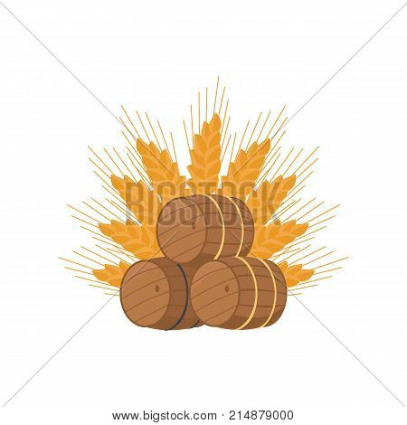 Vector illustration representing three beer barrels of different types and ear of wheat on white background. Unofficial symbol of october festival.