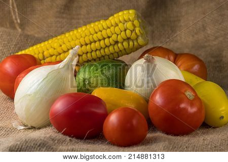 different kinds of vegetables lie together on one table, tomatoes, onions and corn background fabric
