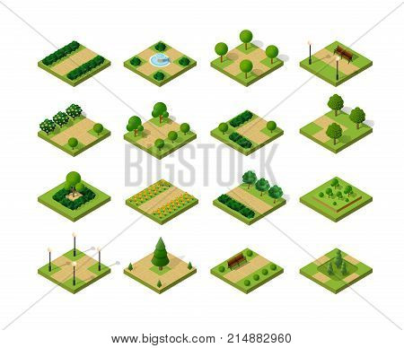 Set of isometric urban parks. City natural ecological landscapes of town infrastructure. Trees lawns garden paths and benches the dimensional kit of items for construction of conceptual project design
