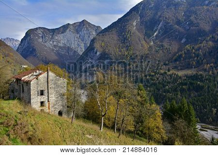 The autumn landscape around the small hill village of Erto in Friuli Venezia Giulia north east Italy.